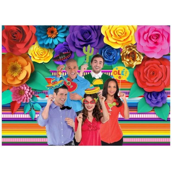 Paper Flower Background Fiesta Colorful Striped Backdrop Party Decor 7x5 feet - Picture 3 of 4